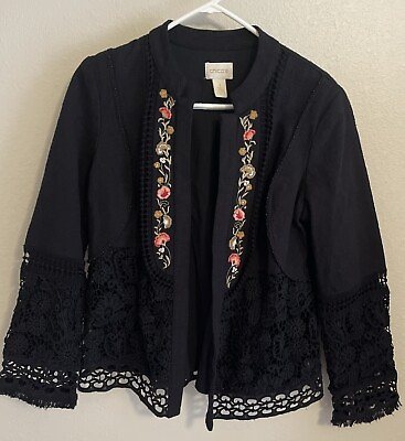 #ad Chicos Black Blazer Floral Embroidered Lace Beaded Cotten Blend Sz 1 $34.99