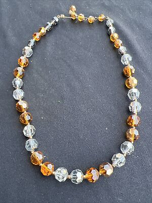 #ad Vintage Marvella Graduated Crystal Amber Glass Beaded Necklace 16” Gold Silver $23.99