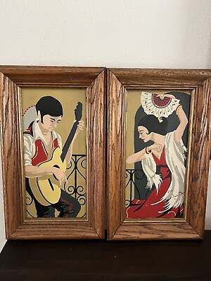 #ad Vintage PAIR Medium Framed Paint by Numbers MCM Spanish Couple Flamenco Dancing $49.95