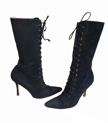 #ad Manolo Blahnik Black Suede Lace up Mid Calf Boots Women#x27;s EU Size 39.5 US 9 $175.00