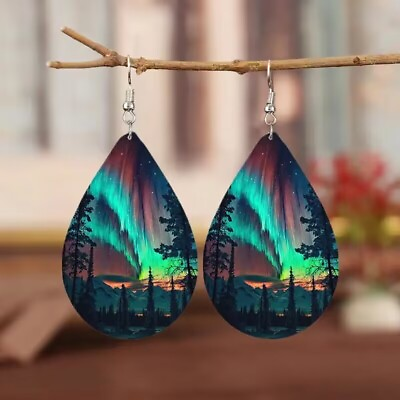 #ad Aurora Forest Scenery Print Teardrop Dangle Earrings Bohemian Boho Stylish Women $12.98
