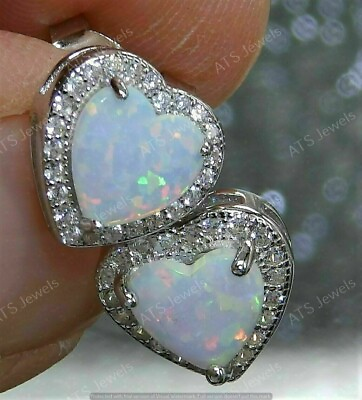 #ad 2 Ct Heart Cut Lab Created Fire Opal Halo Stud Earrings Real 925 Sterling Silver $106.20