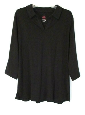 #ad Isaac Mizrahi V Neck Collared Shirt 1X Black Knit 3 4 Sleeve A384114 Women ZL8 $17.99