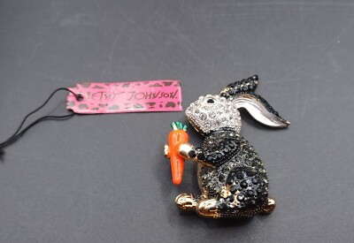 #ad New Betsey Johnson Rhinestone Black amp; White Rabbit Carrot Pin Brooch With Tag $12.99