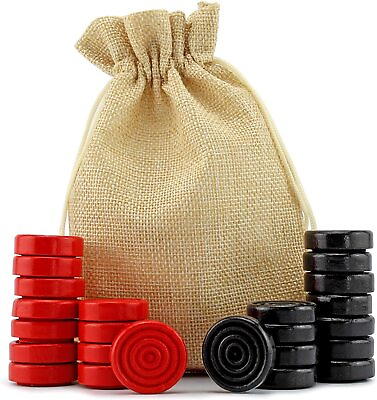 #ad Black amp; Red Carved Stackable Wooden Checkers 24 Pieces with Drawstring Bag $8.99