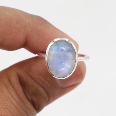 #ad Rainbow Oval Moonstone Solid Sterling Silver Wedding And Party Ring For Women $49.99
