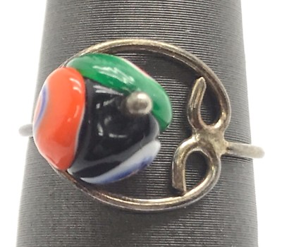 #ad Vintage Sterling Silver 925 Handcrafted Colorful Foil Glass Petite Cocktail Ring $27.20