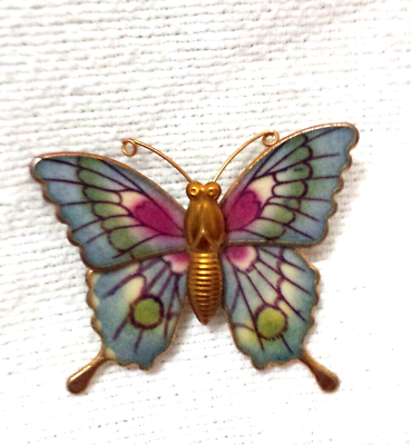 #ad Vintage Goldtone Blue Pink Green Enamel Butterfly Pin Brooch 1.5quot; W $16.95