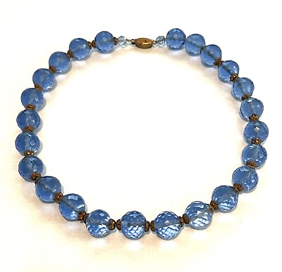 #ad Antique Signed Czechoslovakia Blue Faceted Glass Bead Necklace 16quot; $44.00