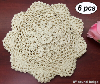 #ad Creative Linens 6 Pieces 8quot; Round Crochet Lace Doily Beige 100% Cotton Handmade $13.97