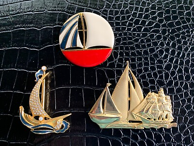 #ad VTG Sailboat Brooch Pin Lot Of 3 Enamel Goldtone Rhinestones Nautical Sailing $44.93
