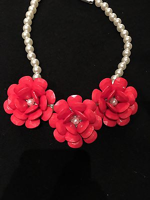 #ad FASHION JEWELRY Rose Red Faceted Plastic Flowers amp; Faux Pearl Collar Necklace $32.99