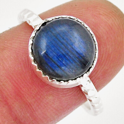 #ad Handcrafted 4.87cts Solitaire Natural Blue Labradorite Round Ring Size 8 Y22375 $9.89