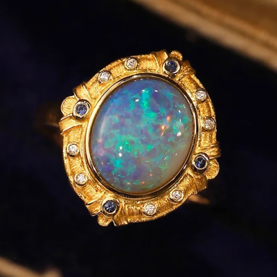 #ad Retro Courtly Style Colorful Opal Natural Diamond Women Ring 14K Yellow Gold $780.00