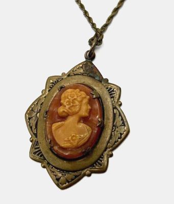 #ad 1920#x27;s Art Deco Carved Resin Cameo Necklace Decorative Brass Setting amp; Chain JCS $45.99