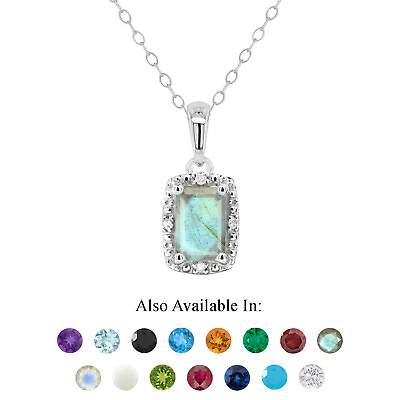 #ad Sterling Silver 6x4mm Emerald Cut Natural Labradorite Diamond Accent Pendant $49.99