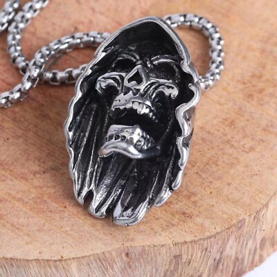 #ad Men Gothic Grim Reaper Skull Pendant Punk Retro Biker Necklace Box Chain 24quot; $11.99