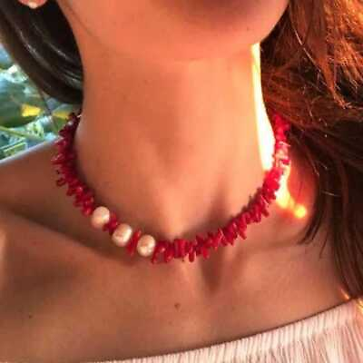 #ad Natural Red coral branch Pearl Necklace 18 inches Healing Craft Heart Natural $7.15