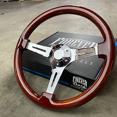 #ad 15 Inch Chrome Polished Steering Wheel Dark Wood 3 Spoke with Chrome Horn Button $159.01
