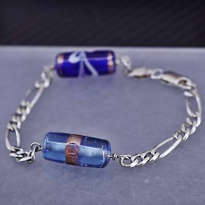 #ad 6.75” Italy sterling silver 925 handmade figaro chain bracelet blue glass tube $30.00