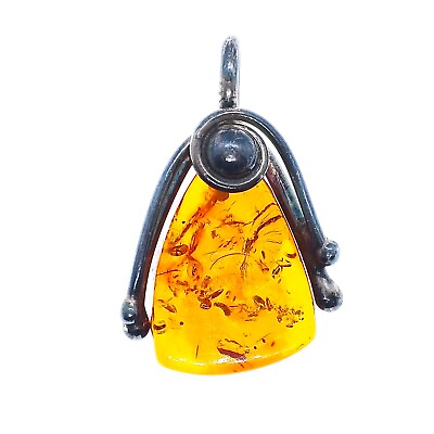#ad Sterling Silver Amber Pendant 34.5mm Long $95.00