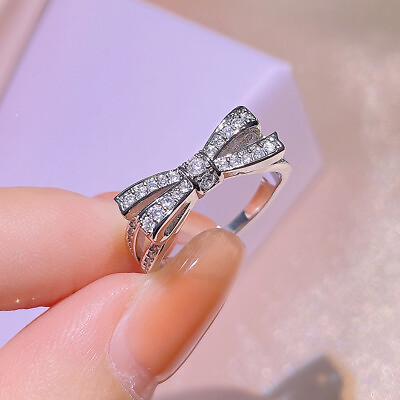 #ad 925 Sterling Silver Ring Crystal Bow Rings Women Fashion Jewelry Size 6 10 $7.91