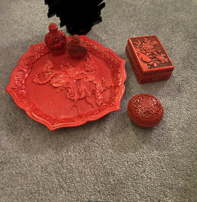 #ad Red Lacquer Chinese Carved Cinnabar Set Antique $250.00