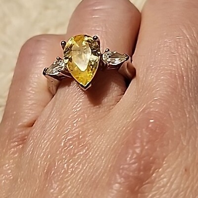 #ad NV 925 Sterling Ring w Yellow Pear Shaped amp; 2 Clear Marquise CZ Size 7 $19.99
