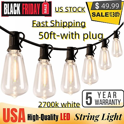 #ad 50ft Plug In LED Outdoor String Lights 2700K25pcs LED ST38 E12 Bulbs Waterproof $25.87