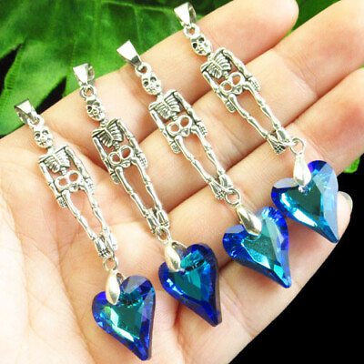 #ad 4Pcs Faceted Blue Titanium crystal Heart Tibetan silver Skull Pendant FSH64689 $9.35