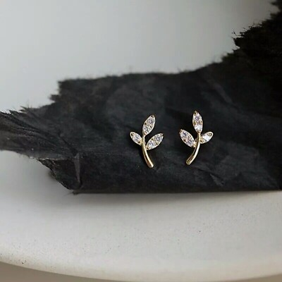 #ad 14K Yellow Gold Leaf Tree Life Stud Earrings Natural Diamond For Women#x27;s $367.41