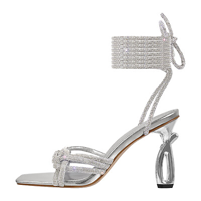 #ad Onlymaker Women#x27;s Rhinestone Crystal Lace Up High Heels Fashion Silver Sandals $55.99