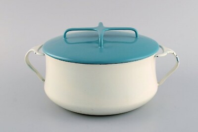 #ad Jens H. Quistgaard: Pot with lid in turquoise and cream colored enamel. 1960#x27;s $340.00