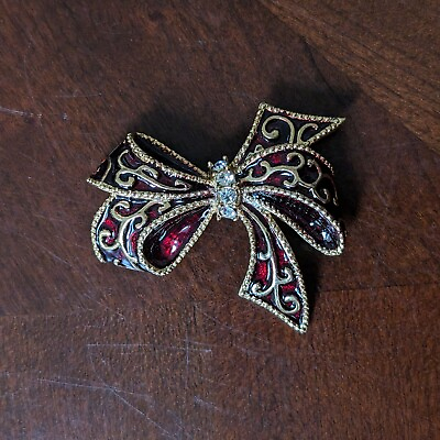 #ad MONET Deep Red Bow Gold tone amp; Crystal Brooch Pin 2quot; Length $17.00