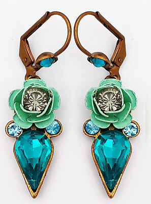 #ad Michal Negrin Earrings Turquoise Green Rose Teardrop Swarovski Crystal Dangle $67.15