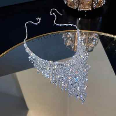 #ad Tassel Shiny Inlaid Rhinestone Statement Necklace Luxury Bib Party Jewelry Light $15.98