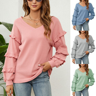 #ad Ladies Womens Frill Lantern Sleeve Blouse V Neck Plain Color T Shirt Casual Tops $25.99