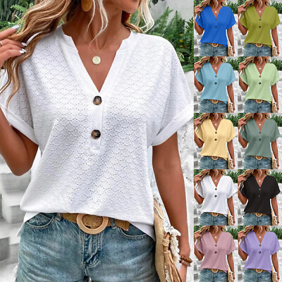 #ad Women#x27;s Solid V Neck T Shirt Summer Short Sleeve Casual Loose Tunic Tops Blouse $18.61