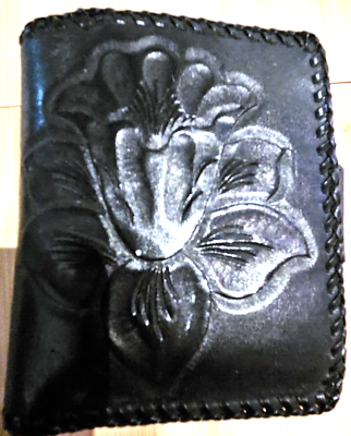 #ad Vintage Handmade Black Leather Billfold Wallet With A Flower Pattern $12.00