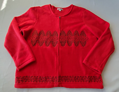 #ad Rebecca Malone Sweater Women’s XL Red Zip Up Collarless Embroidered Polyester $14.40