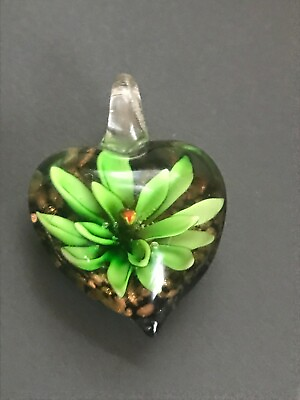 #ad Estate Green Spikey Flower in Clear Glass Heart Art Pendant – 1.75 x 1.25 inches $13.19