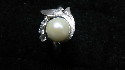 #ad Ladies 10K white gold 6.5mm cultured pearl 3 white sapphire ring size 6.5 $103.00