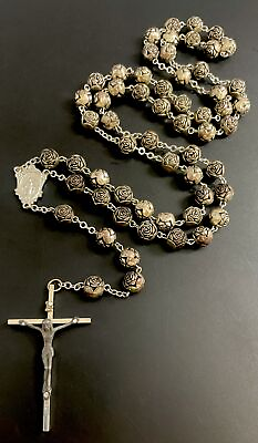 #ad Catholic Rosebud Silver Tone Rosary Crucifix Italy $15.99