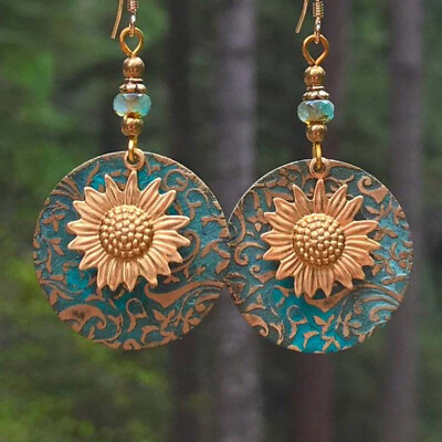 #ad Boho Turquoise Sunflower Silver Earrings Hook Drop Dangle Sapphire Women Jewelry C $3.31