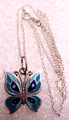 #ad VINTAGE STUNNING STERLING SILVER BLUE ENAMEL BUTTERFLY NECKLACE $29.99