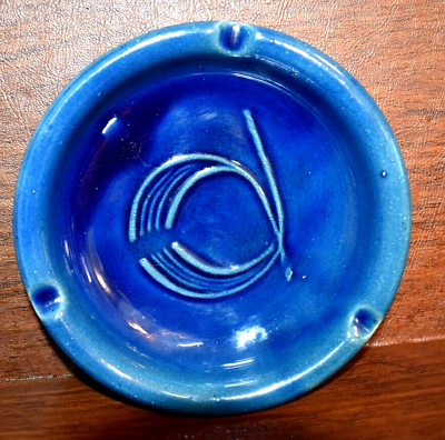 #ad Handmade Round Blue Glaze Ashtray 3 Dent 5.5quot; Round Gorgeous amp; Flawed $13.50