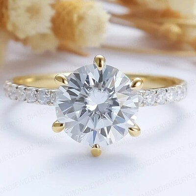 #ad 2.20CTW Round Cut Real Moissanite Engagement Wedding Ring 14k Yellow Gold Plated $147.99