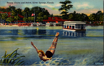 #ad Vintage 1940#x27;s Beauty Above Below Woman Swimming Boat Silver Springs FL Postcard $22.50
