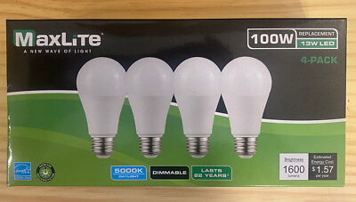 #ad MaxLite E15A19D50 4P A19 100W Daylight 5000K Dimmable LED Bulbs 4 Pack B $11.99