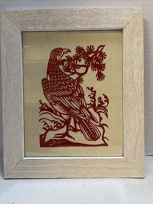 #ad Chinese Paper Cut Bird Handmade Traditional Folk Art Craft Red Framed 11x13” $43.16